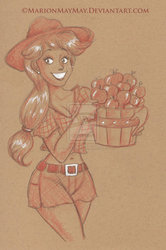 Size: 1024x1538 | Tagged: dead source, safe, artist:marionmaymay, applejack, human, g4, apple, basket, belly button, blouse, bucket, carrying, clothes, daisy dukes, deviantart watermark, female, humanized, midriff, obtrusive watermark, solo, traditional art, watermark, working