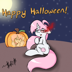 Size: 1000x1000 | Tagged: safe, artist:lightningnickel, oc, oc only, oc:cotton candy, bedroom eyes, cute, evil, fangs, glowing eyes, halloween, heart eyes, holiday, jack-o-lantern, looking at you, looking back, open mouth, pumpkin, sitting, smiling, tumblr, underhoof, wingding eyes
