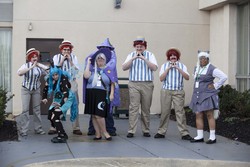 Size: 5616x3744 | Tagged: artist needed, safe, flam, flim, queen chrysalis, silver spoon, trixie, human, g4, 2012, canterlot gardens convention, cosplay, group photo, irl, irl human, photo