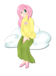 Size: 1024x1388 | Tagged: safe, artist:littlemisscuttlefish, fluttershy, human, g4, clothes, cloud, female, humanized, long skirt, simple background, sitting, skirt, solo, sweater, sweatershy, transparent background