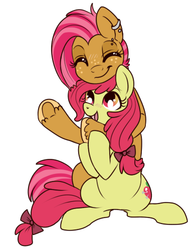 Size: 389x500 | Tagged: safe, artist:lulubell, apple bloom, babs seed, earth pony, pony, g4, female, hug, incest, lesbian, older, ship:appleseed, shipping, simple background, white background