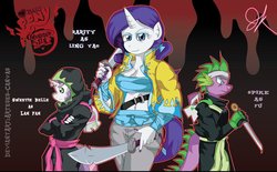 Size: 1134x705 | Tagged: safe, artist:arteses-canvas, rarity, spike, sweetie belle, anthro, g4, crossover, fu, fullmetal alchemist, lan fan, ling yao, nail polish