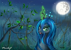 Size: 3509x2480 | Tagged: safe, artist:marikyt, queen chrysalis, changeling, changeling queen, g4, crown, female, full moon, glowing, glowing horn, horn, jewelry, magic, mare in the moon, moon, night, regalia, solo, stars