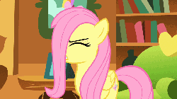 Size: 800x450 | Tagged: safe, screencap, fluttershy, pony, g4, season 1, stare master, animated, blowing, female, hair, hair over one eye, solo