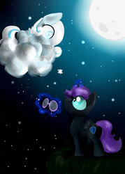 Size: 755x1057 | Tagged: safe, artist:alicjaspring, oc, oc only, oc:nyx, oc:snowdrop, alicorn, pegasus, pony, alicorn oc, cloud, glasses, magic, moon, snownyx