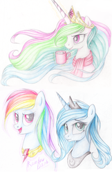 Size: 2400x3700 | Tagged: safe, artist:vird-gi, princess celestia, princess luna, rainbow dash, g4, clothes, element of loyalty, magic, mug, scarf, traditional art