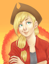 Size: 1000x1300 | Tagged: safe, artist:susan-kim, applejack, human, g4, applejack's hat, clothes, cowboy hat, crossed arms, female, freckles, front view, full face view, hat, humanized, looking away, plaid shirt, portrait, shirt, smirk, solo