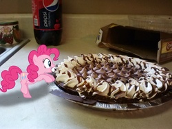 Size: 2592x1944 | Tagged: safe, artist:quanno3, artist:tokkazutara1164, pinkie pie, g4, bread, chocolate, counter, cream, irl, micro, photo, pie, ponies in real life, product placement, sink, soda, solo, tiny ponies, vector