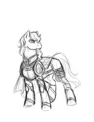 Size: 1600x2087 | Tagged: safe, artist:valkyrie-girl, oc, oc only, oc:lord harmony, earth pony, pony, armor, black and white, cape, clothes, grayscale, male, monochrome, simple background, solo, stallion