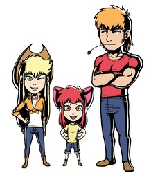 Size: 543x623 | Tagged: safe, artist:redhotkick, apple bloom, applejack, big macintosh, human, g4, humanized, style emulation, viewtiful joe