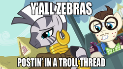 Size: 1280x720 | Tagged: safe, edit, edited screencap, screencap, gizmo, zecora, pony, zebra, g4, just for sidekicks, caption, female, image macro, male, racism, reaction image, stallion, troll