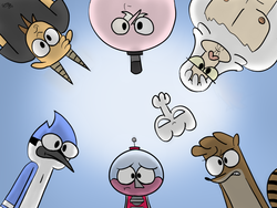 Size: 1024x768 | Tagged: safe, artist:supermaster10, bird, blue jay, ghost, goat, raccoon, yeti, .mov, apple.mov, barely pony related, benson, crossover, gumball machine, hi-five ghost, huddle shot, male, mordecai, mordecai and rigby, parody, pony.mov, pops maellard, reference, regular show, rigby (regular show), scene, skips, sun, thomas