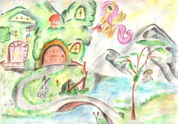 Size: 1200x838 | Tagged: safe, artist:milanoss, angel bunny, fluttershy, g4, fluttershy's cottage, flying, traditional art, watering can
