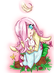 Size: 609x831 | Tagged: safe, angel bunny, fluttershy, human, g4, feather, humanized, winged humanization