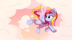 Size: 1920x1080 | Tagged: safe, artist:pepooni, oc, oc only, oc:glittering cloud, pegasus, pony, cloud, cloud busting, cloudy, female, flying, mare, rainbow hair, solo, working