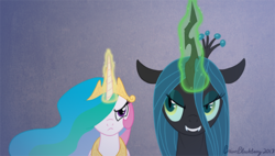 Size: 637x361 | Tagged: safe, artist:brianblackberry, princess celestia, queen chrysalis, alicorn, changeling, changeling queen, pony, g4, female, glowing horn, horn, magic