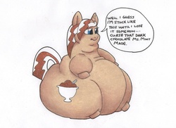 Size: 1280x930 | Tagged: safe, artist:zacharyisaacs, oc, oc only, oc:hot fudge, pony, unicorn, double chin, fat, horn, immobile, morbidly obese, obese, sitting, solo, unicorn oc