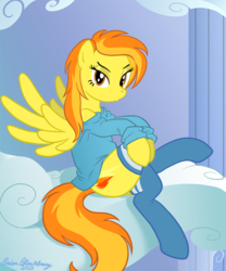 Size: 672x809 | Tagged: safe, artist:brianblackberry, spitfire, pegasus, pony, g4, bedroom eyes, bottomless, clothes, duckface, female, partial nudity, sexy, shirt, show accurate, socks, solo, stockings, stupid sexy spitfire
