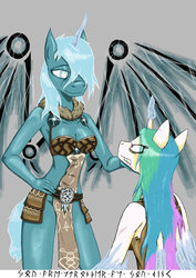 Size: 752x1063 | Tagged: dead source, safe, artist:danielsgesellgen, princess celestia, oc, alicorn, anthro, g4, alicorn oc, cleavage, duo, female, frost, ice, meme, special eyes