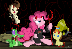 Size: 1700x1150 | Tagged: safe, artist:flutterthrash, gummy, pinkie pie, pound cake, pumpkin cake, devil, g4, ac/dc, clothes, costume, devil horns, gramophone, halloween, horns, rock (music), trident