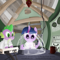 Size: 1500x1500 | Tagged: safe, artist:smudge proof, spike, twilight sparkle, g4, bags under eyes, clothes, commission, commodore 64, cover, fisheye perspective, for science, good intentions, illustration, lab coat, science, this will end in science, unslept