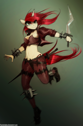 Size: 986x1500 | Tagged: safe, artist:foxinshadow, unicorn, anthro, belly button, clothes, katarina, league of legends, midriff, ponified, solo, spikes, sword