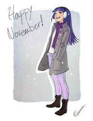 Size: 765x990 | Tagged: safe, artist:vasira, twilight sparkle, human, g4, clothes, earmuffs, female, humanized, scarf, snow, snowfall, solo