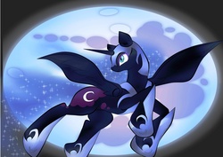 Size: 1754x1240 | Tagged: safe, artist:fourze-pony, artist:luxnero, nightmare moon, alicorn, pony, g4, armor, blue moon, ethereal mane, female, flying, full moon, galaxy mane, hoof shoes, mare, mare in the moon, moon, night, pixiv, princess, solo