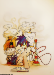 Size: 738x1008 | Tagged: safe, artist:foxinshadow, oc, oc only, book, goggles, helmet, hookah, pipe, smoking, solo