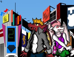 Size: 4252x3307 | Tagged: safe, artist:mcbain, fizzle, garble, dragon, g4, city, cityscape, clothes, joshua, kiryu yoshiya, misaki shiki, postmodern, the world ends with you, twewy