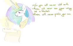 Size: 1280x529 | Tagged: safe, artist:spaerk, princess celestia, oc, oc:anon, alicorn, pony, g4, female, greentext, letter, mare, sad, scroll, simple background, solo, text, tfw, white background, writing