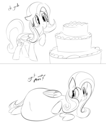 Size: 1096x1263 | Tagged: safe, artist:dotkwa, fluttershy, pegasus, pony, g4, 2 panel comic, cake, comic, fat, fattershy, female, grayscale, huge belly, mare, monochrome, obese, sketch, stuffed, stuffing