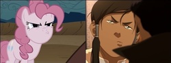 Size: 650x239 | Tagged: safe, pinkie pie, g4, angry pie, annoyed, coincidence, comparison, cute, discorded, frown, glare, korra, pouting, the legend of korra