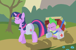 Size: 1024x683 | Tagged: safe, artist:kinrah, spike, twilight sparkle, dragon, pony, unicorn, g4, bag, binoculars, book, duo, eyes closed, female, first aid kit, male, mare, saddle bag, tree