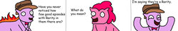 Size: 1024x181 | Tagged: safe, artist:pewdie-pinkiepie, pinkie pie, oc, oc:clarance, g4, 1000 hours in ms paint, bowtie, comic, comic sans, duo, fedora, hat, implied rarity, joke, ms paint, necklace, wat