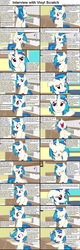 Size: 1282x4018 | Tagged: safe, dj pon-3, vinyl scratch, pony, unicorn, comic:celestia's servant interview, g4, caption, comic, female, floppy ears, interview, mare, sandwich, scrunchy face, solo