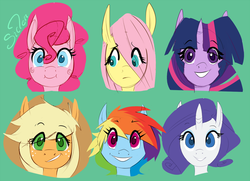 Size: 1012x731 | Tagged: safe, artist:siden, applejack, fluttershy, pinkie pie, rainbow dash, rarity, twilight sparkle, earth pony, pegasus, pony, unicorn, g4, alternate hairstyle, applejack's hat, bust, cheek swirl, cowboy hat, eye clipping through hair, eyebrows, eyebrows visible through hair, eyeshadow, female, green background, hair over one eye, hat, horn, makeup, mane six, mare, portrait, simple background