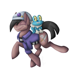 Size: 600x600 | Tagged: safe, artist:sinligereep, oc, earth pony, froakie, pony, clothes, crossover, happy, hat, male, pokémon, pokémon x and y, stallion