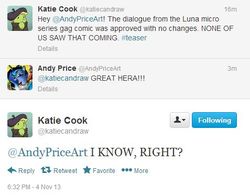 Size: 477x372 | Tagged: safe, idw, screencap, princess luna, g4, andy price, katie cook, text, twitter