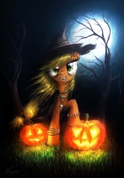 Size: 750x1074 | Tagged: safe, artist:magfen, applejack, vampire, g4, clothes, costume, fangs, female, halloween, hat, jack-o-lantern, moon, night, nightmare night, pumpkin, solk, solo, traditional art, tree, witch hat