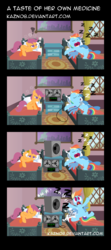 Size: 800x1800 | Tagged: safe, artist:kaznob, rainbow dash, scootaloo, pegasus, pony, g4, abuse, butt, comic, dashabuse, derp, ear plugs, female, filly, foal, mare, microphone, old master q, plot, revenge, sleeping, snoring, speaker, squeans, tape recorder, zzz