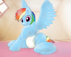 Size: 1280x1025 | Tagged: safe, artist:asdfasfasda, rainbow dash, pegasus, pony, g4, adult foal, cute, dashabetes, diaper, female, looking at you, mare, non-baby in diaper, sitting, smiling, solo, spread wings, underhoof