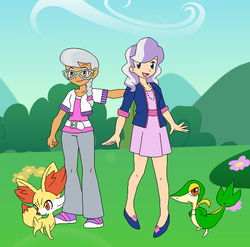 Size: 584x576 | Tagged: safe, artist:selenaede, diamond tiara, silver spoon, fennekin, human, snivy, g4, clothes, crossover, female, flower, glasses, humanized, pokémon, pokémon x and y