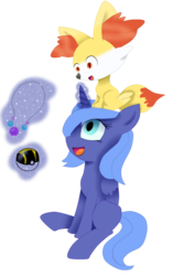 Size: 1024x1444 | Tagged: safe, artist:alicornrarity, princess luna, fennekin, g4, crossover, filly, magic, necklace, poké ball, pokémon, pokémon x and y, simple background, telekinesis, transparent background, ultra ball, woona, younger