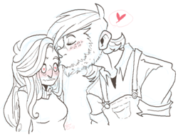 Size: 747x574 | Tagged: safe, artist:stevetwisp, big macintosh, fluttershy, human, g4, beard, blushing, facial hair, female, heart, humanized, kissing, male, overalls, ship:fluttermac, shipping, straight