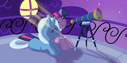 Size: 1280x640 | Tagged: safe, artist:sarcatsic, trixie, twilight sparkle, pony, unicorn, g4, female, happy, lesbian, ship:twixie, shipping, smiling, telescope