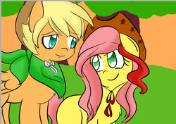 Size: 742x522 | Tagged: safe, artist:sunniedoodles, oc, oc only, oc:apple rose, oc:lucky apple, earth pony, pegasus, pony, bbbff, blank flank, brother and sister, handkerchief, magical lesbian spawn, offspring, parent:applejack, parent:fluttershy, parents:appleshy, siblings