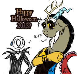 Size: 2022x1941 | Tagged: safe, artist:chibi-n92, discord, draconequus, g4, crossed arms, crossover, halloween, holiday, jack skellington, male, simple background, sweat, sweatdrop, the nightmare before christmas, transparent background