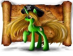 Size: 1300x1000 | Tagged: safe, artist:b---k, oc, oc only, pony, unicorn, bicorne, hat, long mane, long tail, map, pirate, solo