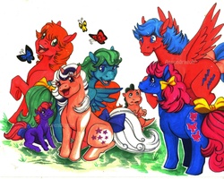 Size: 2250x1800 | Tagged: safe, artist:aspendragon, applejack (g1), bow tie (g1), ember (g1), firefly, medley, spike, twilight, butterfly, g1, g4, traditional art